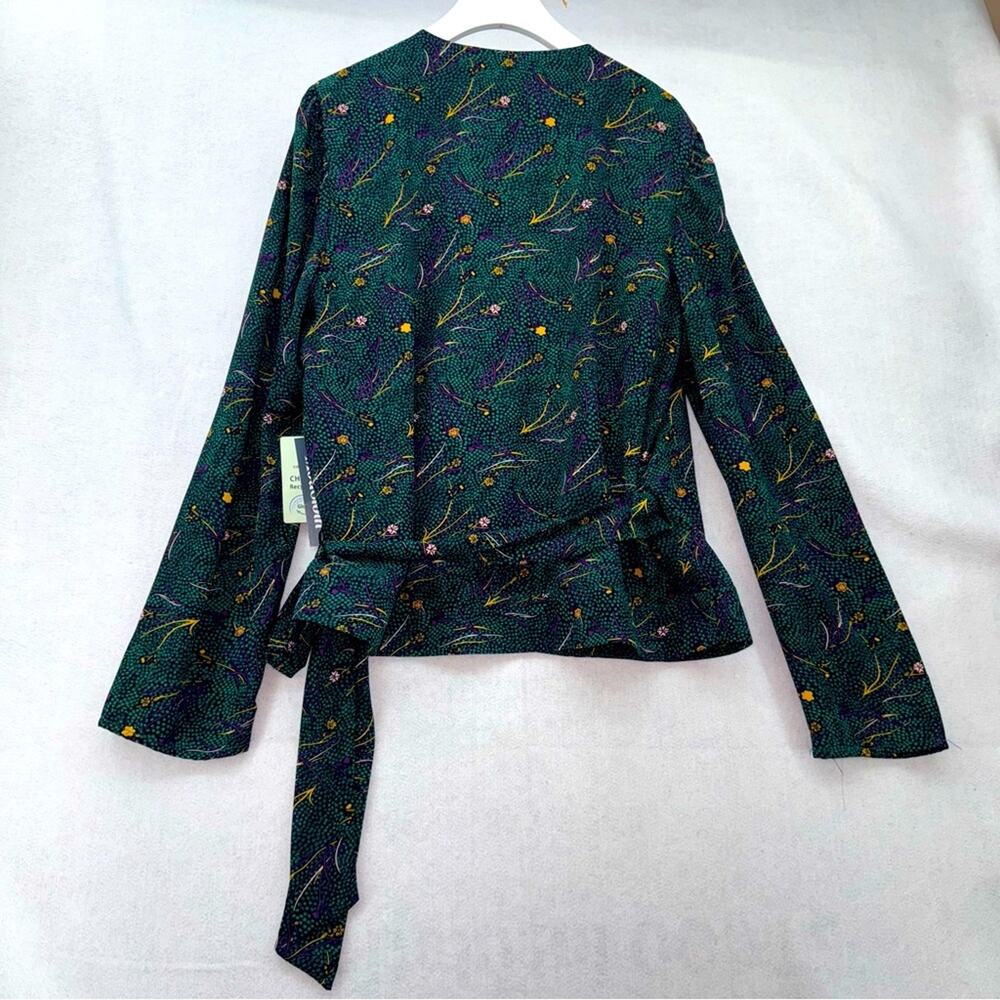 NWT Women’s ModCloth Long Sleeve Wrap Blouse Shirt Green Floral size Large - Picture 2 of 7